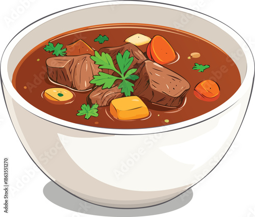Hearty Stew in a Bowl: A delectable stew, featuring tender beef, vibrant vegetables, and aromatic herbs, steams invitingly in a pristine bowl, ready to be enjoyed.