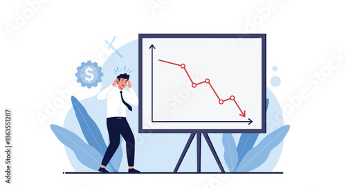 Frustrated businessman in white shirt and tie stands in distress as a line graph on a presentation board shows a sharp downward trend.