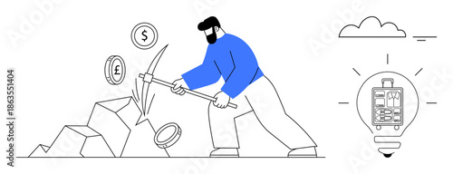 Cryptocurrency mining. Miner digging for coins with symbols for Bitcoin, Dollar, and Pound. Light bulb blockchain and innovation. Cryptocurrency uses include investment, blockchain, fintech, tech