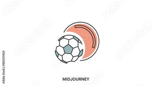 Minimalist soccer ball icon with abstract curved element. Vector football symbol for sports, game, championship, or team design.