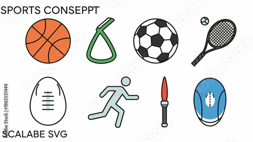 Vector Sports Icons Collection: Flat Line Art Illustrations of Basketball, Soccer Ball, Tennis Racket, Rugby, Runner & Athletic Equipment