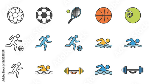 Sports and Fitness Vector Icons Set with Athletes and Equipment for Exercise and Activity