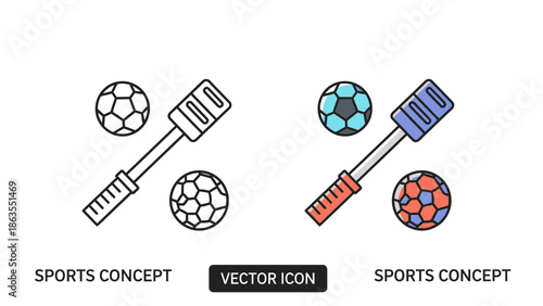 Sports Equipment Vector Icon Set: Hand Pump and Soccer Balls. Outline and Color Illustrations for Game, Recreation, and Activity Concepts.