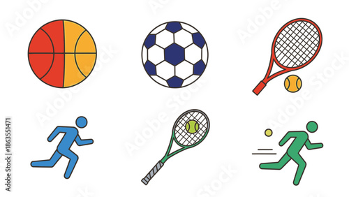 Vector set of colorful flat design sports icons: basketball, soccer ball, tennis rackets, and running figures. Athletic equipment and active lifestyle symbols.
