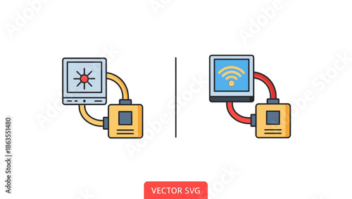 Network Connectivity Status Vector Illustration: Wi-Fi Signal Connected and No Connection Error Icons on Digital Devices