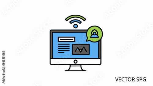 Wireless Internet connection and online communication on a desktop computer monitor. Digital network technology icon.