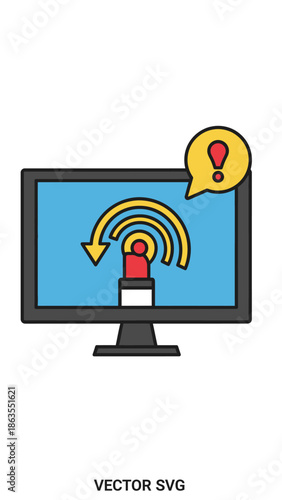 Vector illustration of a computer monitor displaying a connection error, signal problem, or network outage alert with an exclamation mark.