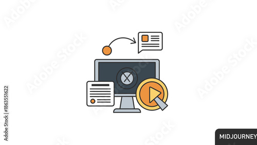 Digital content workflow vector illustration for online learning, information processing, multimedia, and technology concepts.