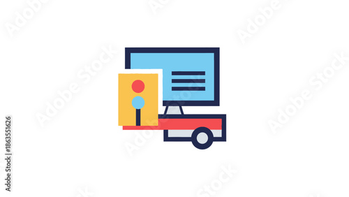 Delivery Truck Transporting Computer and Package Icon for E-commerce Logistics and Online Shopping Services