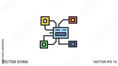 Network connection icon, central processing unit with multiple connected nodes. Digital technology, data flow, distributed system graphic illustration.