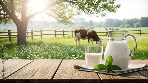 Fresh milk on wooden table in green pasture