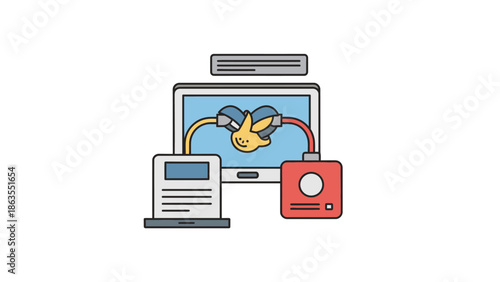 Digital network connectivity concept with computer, linked devices, and data transfer. Flat vector illustration for technology.