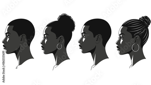 Four distinct profile views of a Black woman's head showcasing various hairstyles, from short cuts to elegant buns.