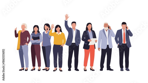 A diverse group of nine professionals, men and women of various ages, standing together in a line against a white background, some waving or holding documents.
