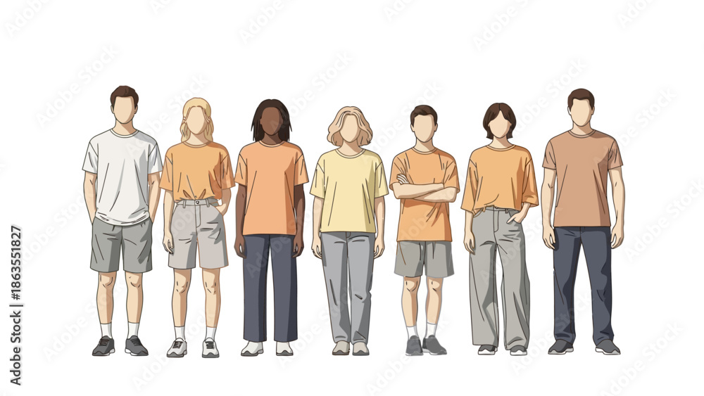 Fototapeta premium A diverse group of seven people, including men and women of various ethnicities and hair colors, stand in a line against a white background, all wearing casual t-shirts and shorts or pants.