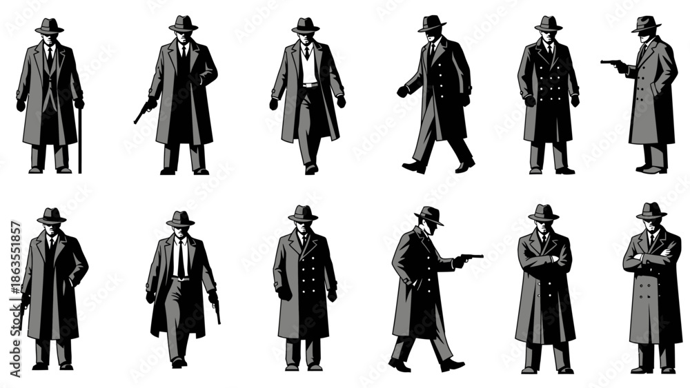 Φωτογραφία Collection of vintage illustrations depicting men in fedoras and trench coats, some holding firearms, in various poses