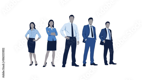 A diverse group of five professionals, including men and women, stand confidently in business attire against a plain white background.