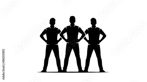 Three silhouetted men standing confidently with hands on hips, representing teamwork and strength.