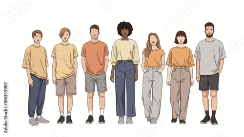 A diverse group of seven young adults, men and women, standing side-by-side in casual, modern clothing against a white background.