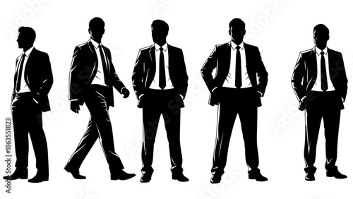 Silhouettes of five businessmen in suits standing and walking against a white background, showcasing professional attire and diverse poses.