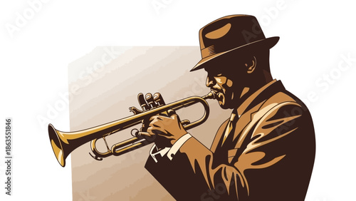 A jazz musician in a fedora hat plays a trumpet with intense concentration.