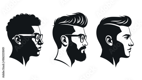 Three stylized black and white profile illustrations of men's hairstyles and beards, showcasing diverse grooming styles.