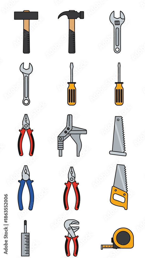 Obraz premium Assortment of essential hand tools for repair, construction, and DIY projects. Flat vector illustration of workshop equipment.