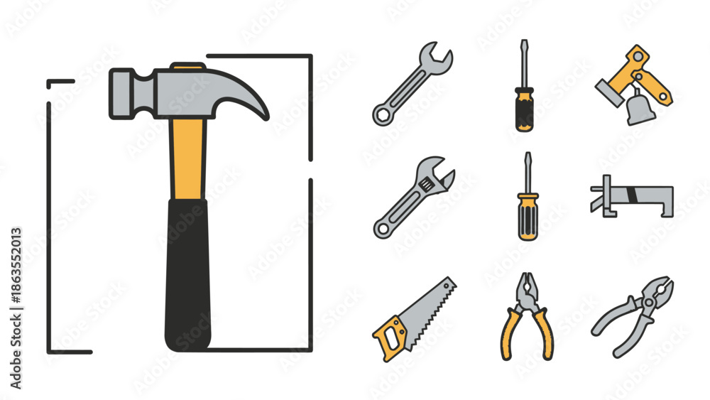 Fototapeta premium Set of various hand tools icons including hammer, wrench, screwdriver, saw, pliers, and axe. Essential equipment for construction, repair, and DIY projects.