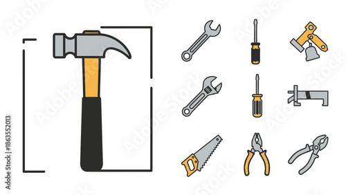 Set of various hand tools icons including hammer, wrench, screwdriver, saw, pliers, and axe. Essential equipment for construction, repair, and DIY projects.