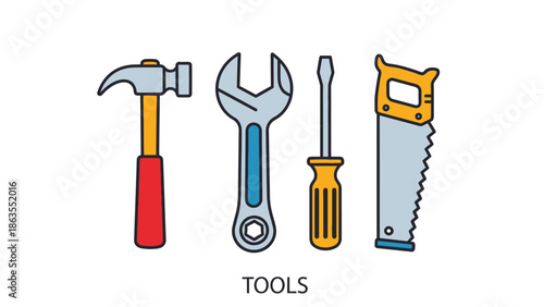 Collection of essential hand tools in flat design illustration: hammer, wrench, screwdriver, and saw for repair and construction.