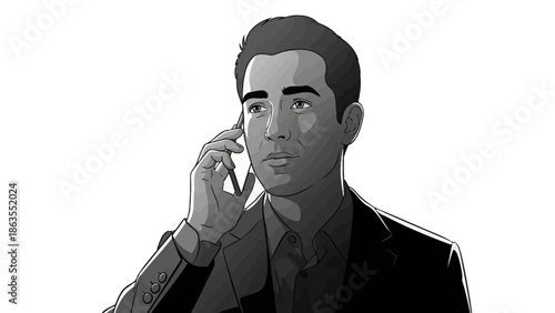 A man in a suit talking on a mobile phone, rendered in a black and white illustration style.