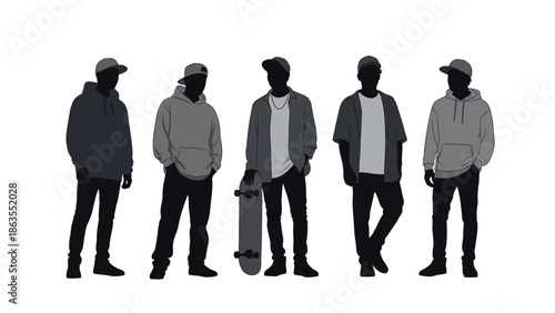 A group of five young men in silhouette, dressed in casual streetwear and hoodies, standing with a skateboard.