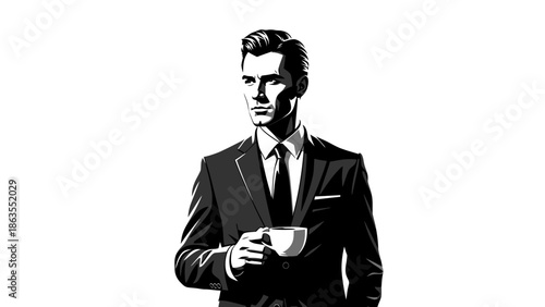 A distinguished businessman in a sharp suit holds a cup of coffee, looking thoughtfully into the distance.
