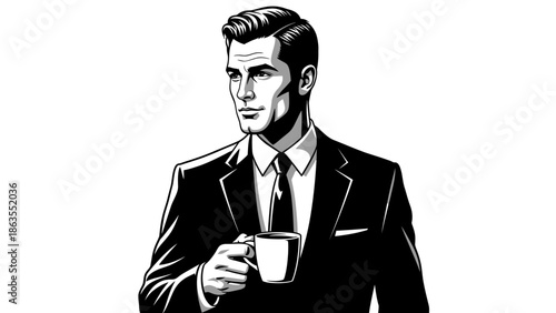 A black and white illustration of a man in a suit holding a coffee mug.