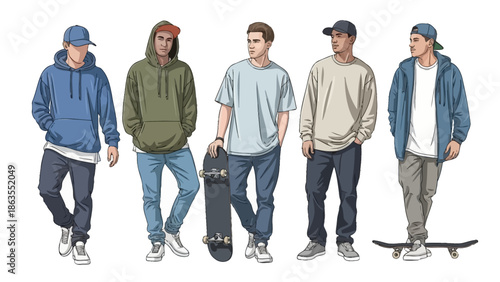 A diverse group of young men dressed in casual streetwear, posing confidently with skateboards.