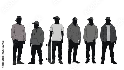 Silhouettes of young men dressed in casual streetwear, including hoodies, sweatshirts, and baseball caps, with one holding a skateboard.