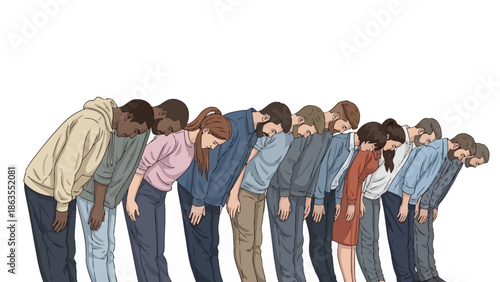A diverse group of people are shown in a line, all bowing their heads in unison, suggesting a shared experience or emotion.