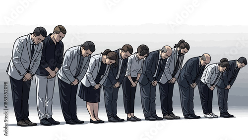 A diverse group of business professionals bowing in unison, demonstrating respect and formality in a corporate setting.