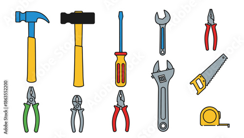Essential hand tools collection vector illustration for DIY, construction, repair, and home improvement projects including hammer, wrench, pliers.