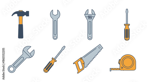 Vector illustration of essential hand tools set including hammer, wrenches, screwdrivers, saw, and tape measure for repair and DIY.