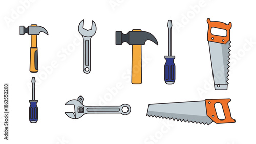Set of essential hand tools for DIY, construction, and home repair. Featuring hammers, wrenches, screwdrivers, and saws vector illustration.