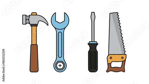 Set of essential hand tools illustration including hammer, wrench, screwdriver, and saw for construction and DIY projects