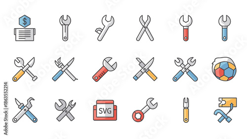Collection of diverse vector line icons featuring wrenches, pliers, tools, repair, maintenance, settings, money, and digital file formats for web design