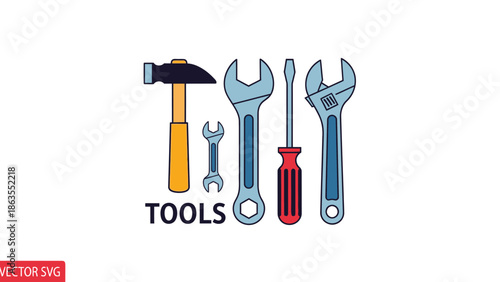 Collection of essential hand tools: hammer, wrenches, and screwdriver on white background. Perfect for DIY, repair, and home improvement projects.