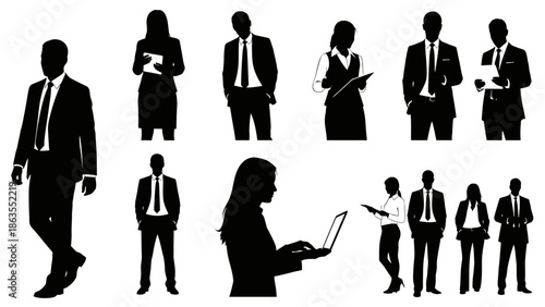 Collection of diverse business professionals in silhouette, showcasing various poses and activities in a professional setting.