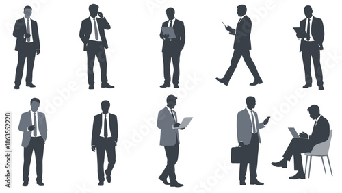 Collection of Silhouettes of Businessmen in Various Poses and Activities, Depicting Professionalism and Modern Work Life.