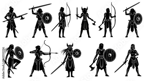 Collection of Silhouettes of Female Warriors in Various Poses with Weapons and Shields.