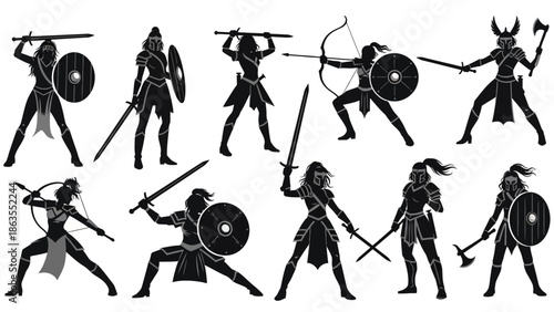 Collection of Silhouetted Female Warriors in Dynamic Poses with Various Weapons and Shields.