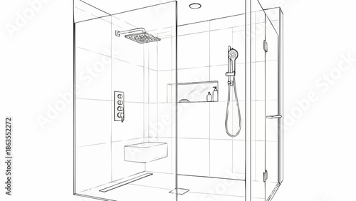 Modern Shower Cabin Design Sketch with Fixtures.