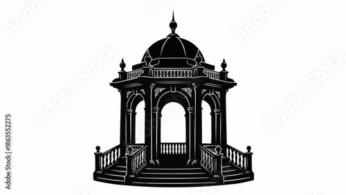 Ornate Black Gazebo Structure with Dome and Stairs.